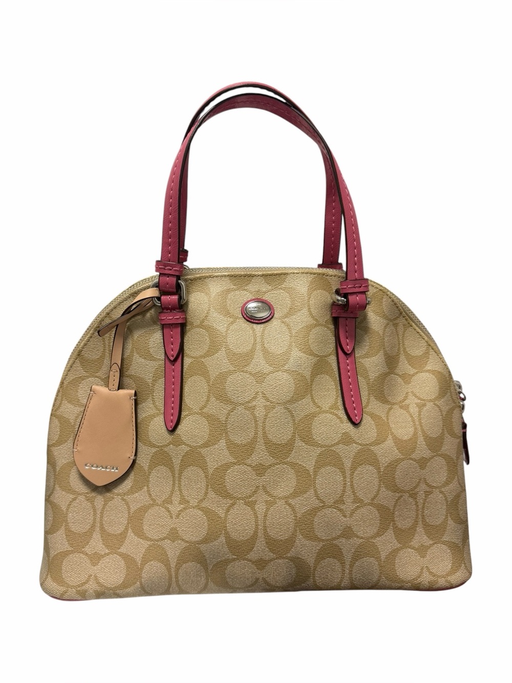 Coach Textured Tan/Pink Logo Leather Satchel Handbag
